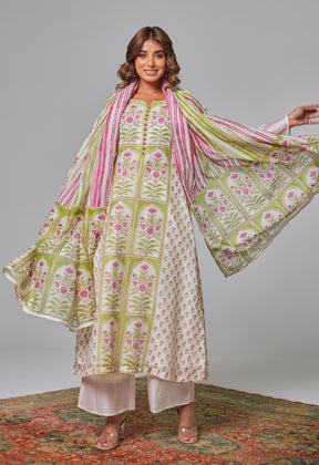 Elegant Blossoms: Hand Block Printed Off - White Chanderi Kurta Set - Tara - C - Tara