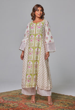 Elegant Blossoms: Hand Block Printed Off - White Chanderi Kurta Set - Tara - C - Tara