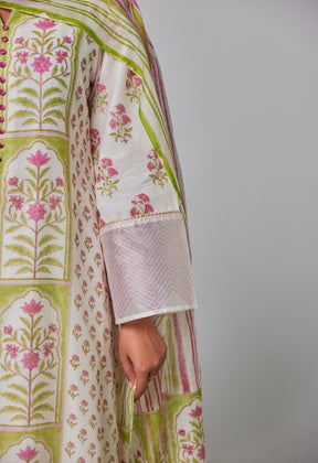 Elegant Blossoms: Hand Block Printed Off - White Chanderi Kurta Set - Tara - C - Tara