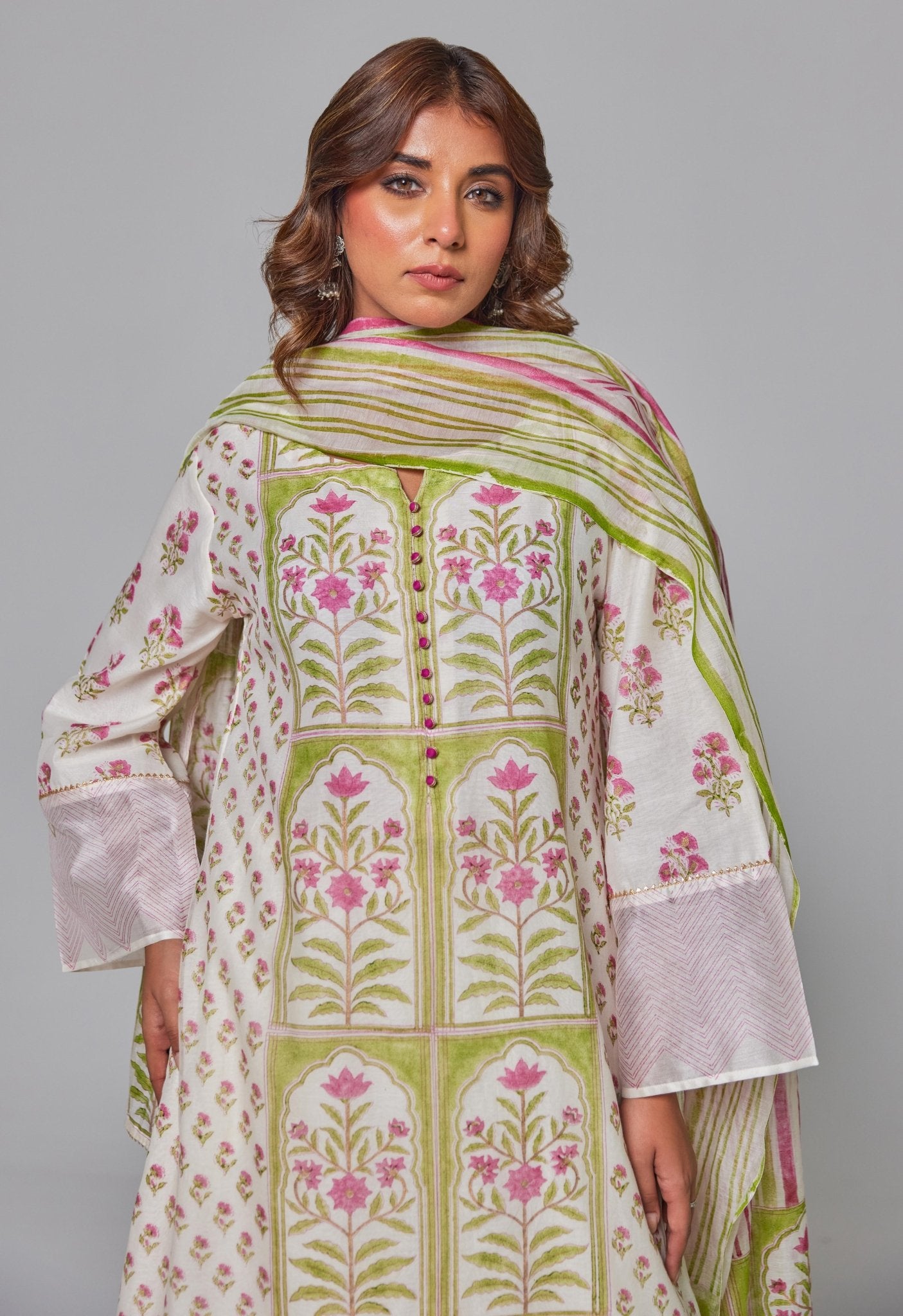 Elegant Blossoms: Hand Block Printed Off - White Chanderi Kurta Set - Tara - C - Tara