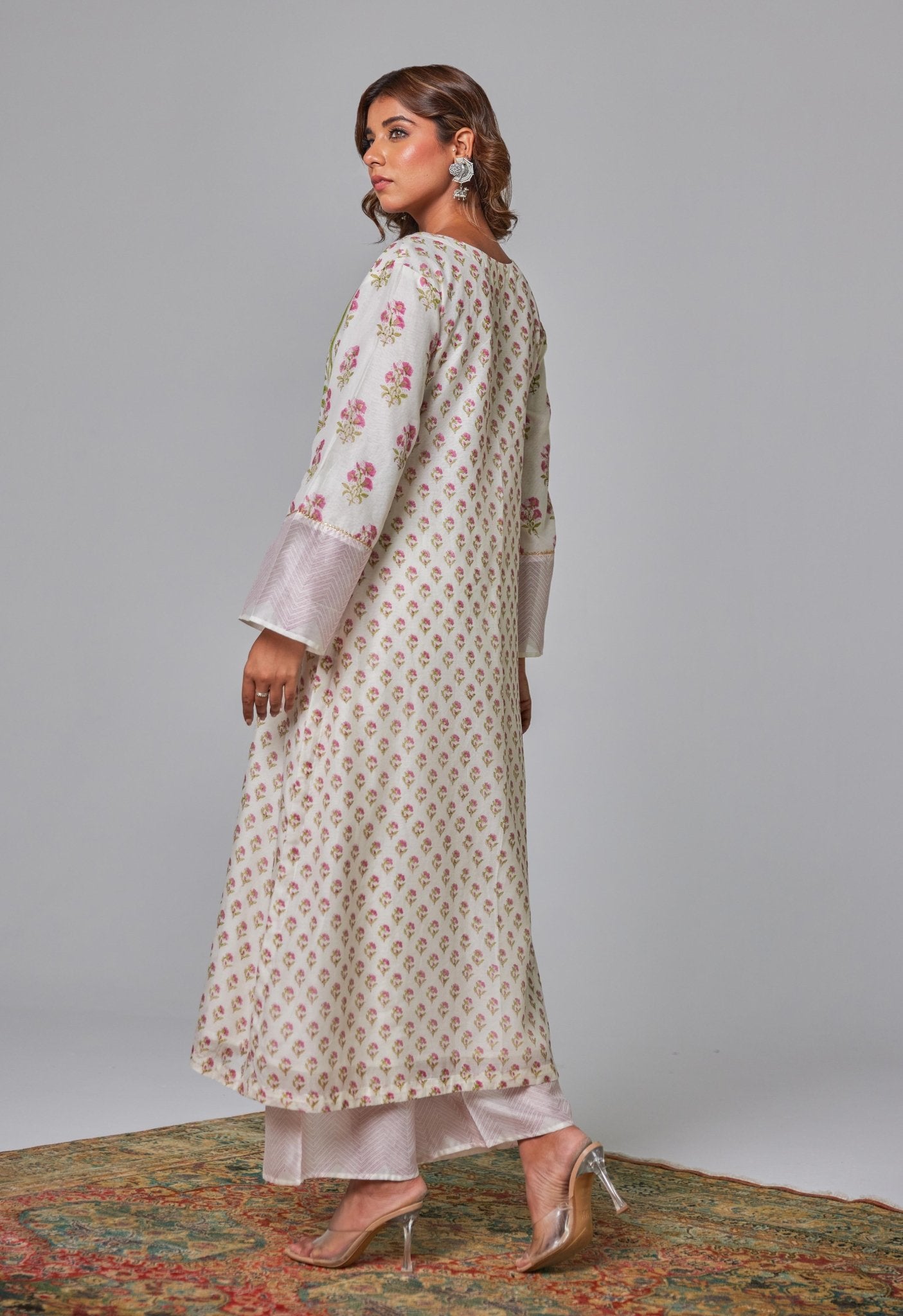 Elegant Blossoms: Hand Block Printed Off - White Chanderi Kurta Set - Tara - C - Tara