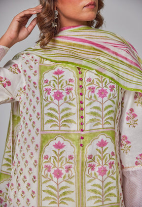 Elegant Blossoms: Hand Block Printed Off - White Chanderi Kurta Set - Tara - C - Tara