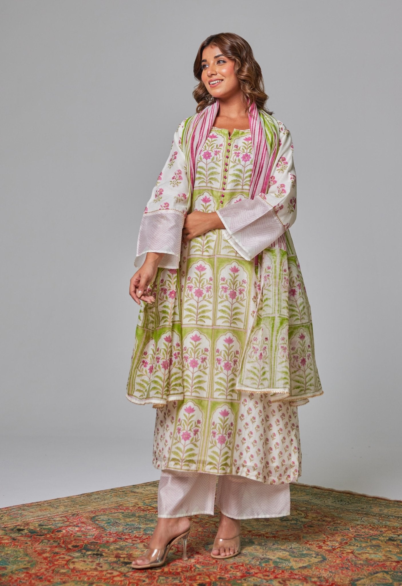 Elegant Blossoms: Hand Block Printed Off - White Chanderi Kurta Set - Tara - C - Tara