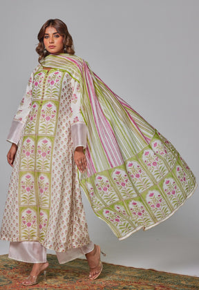 Elegant Blossoms: Hand Block Printed Off - White Chanderi Kurta Set - Tara - C - Tara