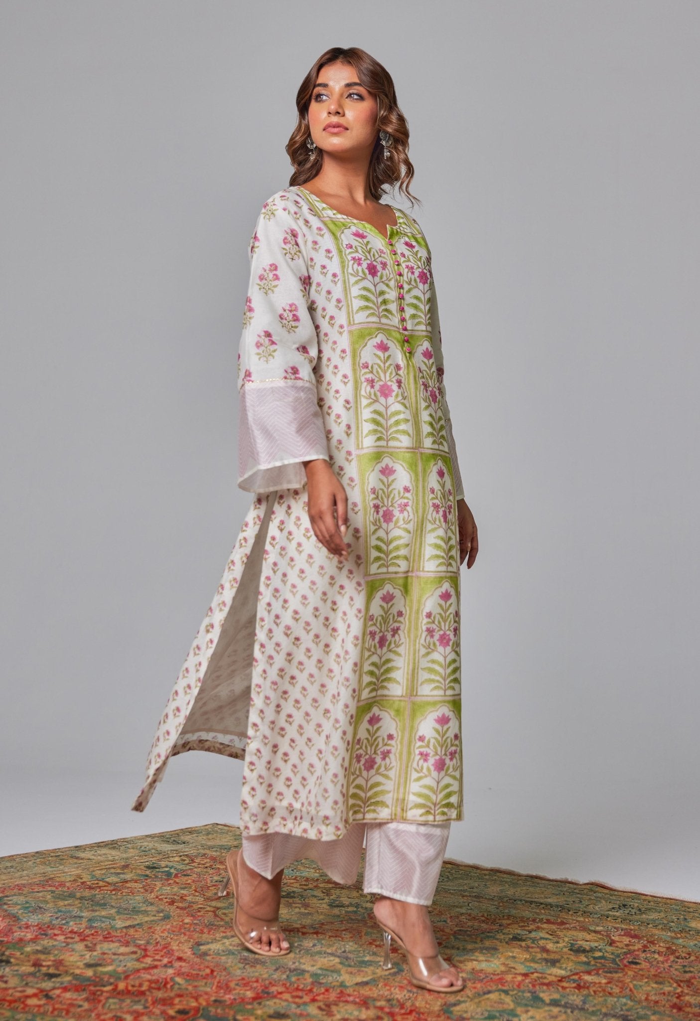 Elegant Blossoms: Hand Block Printed Off - White Chanderi Kurta Set - Tara - C - Tara