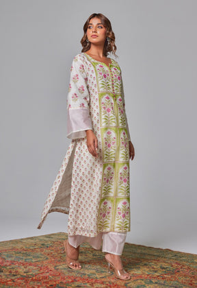 Elegant Blossoms: Hand Block Printed Off - White Chanderi Kurta Set - Tara - C - Tara