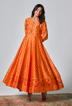 Elegant Citrus: Handblock Printed Chanderi Orange Anarkali Set - Tara - C - Tara