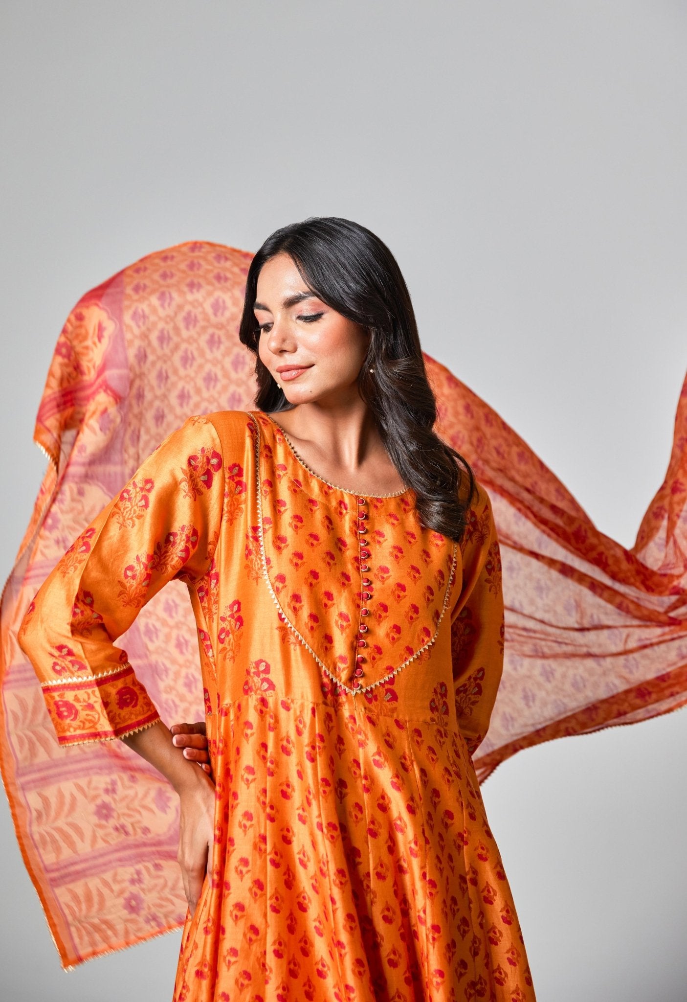 Elegant Citrus: Handblock Printed Chanderi Orange Anarkali Set - Tara - C - Tara