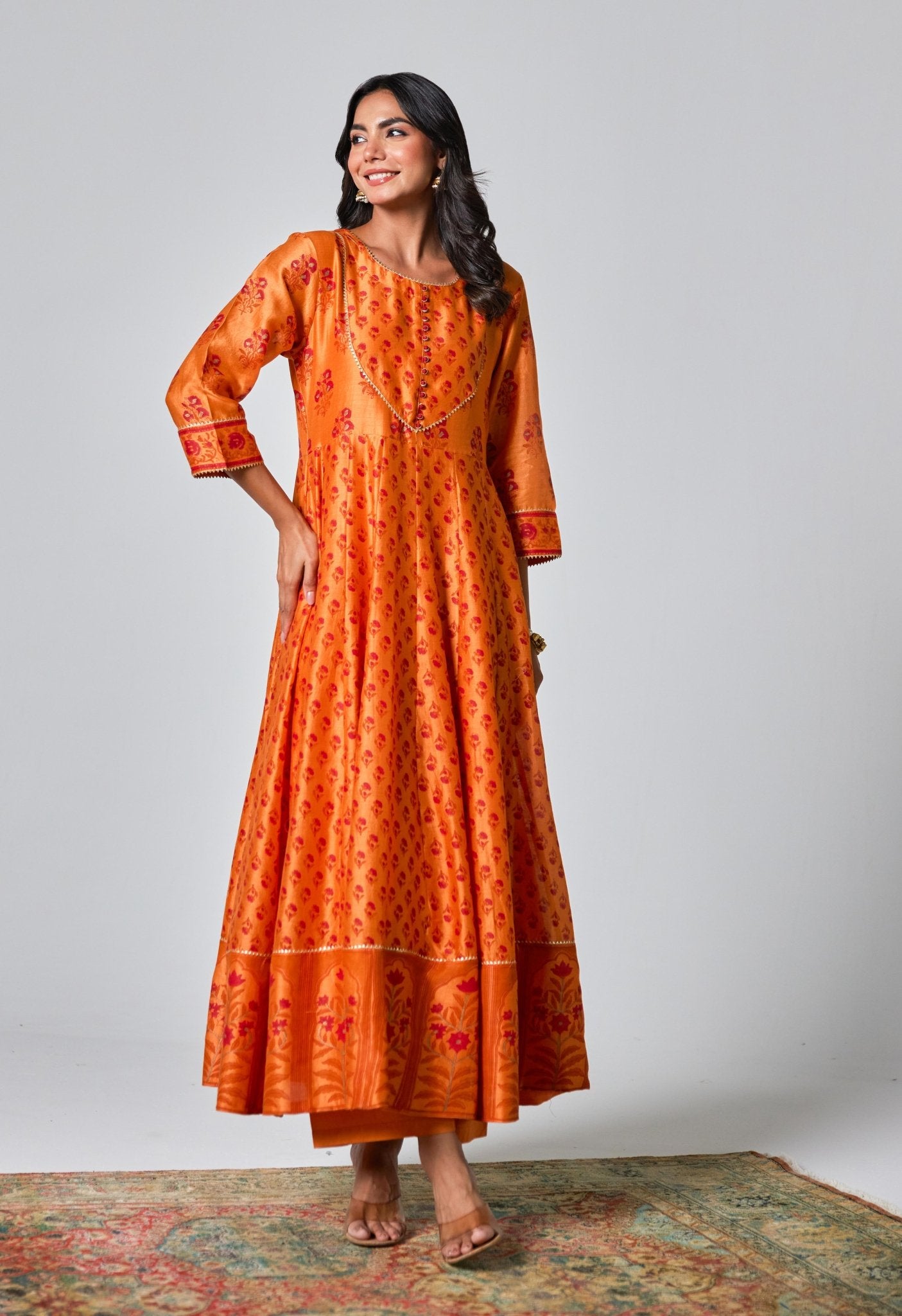 Elegant Citrus: Handblock Printed Chanderi Orange Anarkali Set - Tara - C - Tara