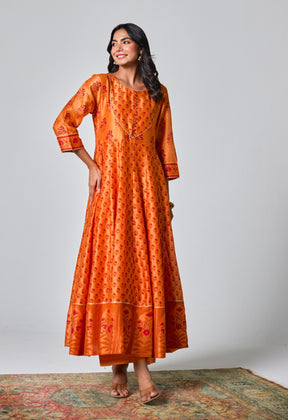 Elegant Citrus: Handblock Printed Chanderi Orange Anarkali Set - Tara - C - Tara