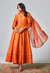 Elegant Citrus: Handblock Printed Chanderi Orange Anarkali Set - Tara - C - Tara