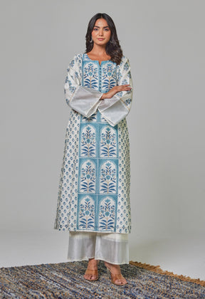 Elegant Serenity: Off - White Chanderi Kurta Set with Blue Block Print and Matching Dupatta - Tara - C - Tara