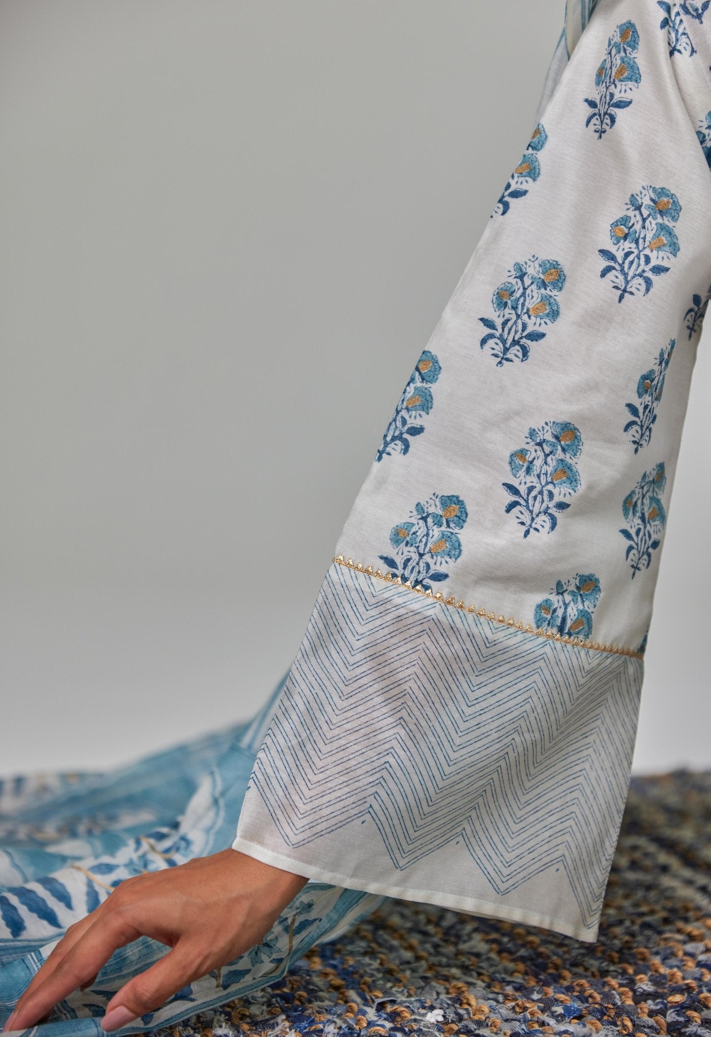 Elegant Serenity: Off - White Chanderi Kurta Set with Blue Block Print and Matching Dupatta - Tara - C - Tara