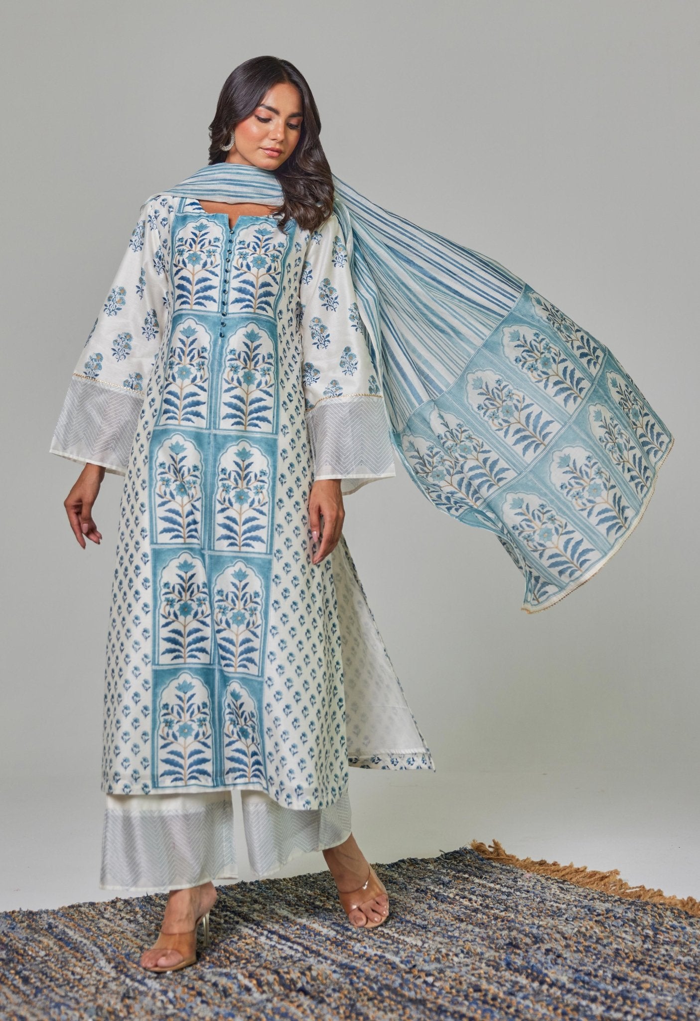 Elegant Serenity: Off - White Chanderi Kurta Set with Blue Block Print and Matching Dupatta - Tara - C - Tara