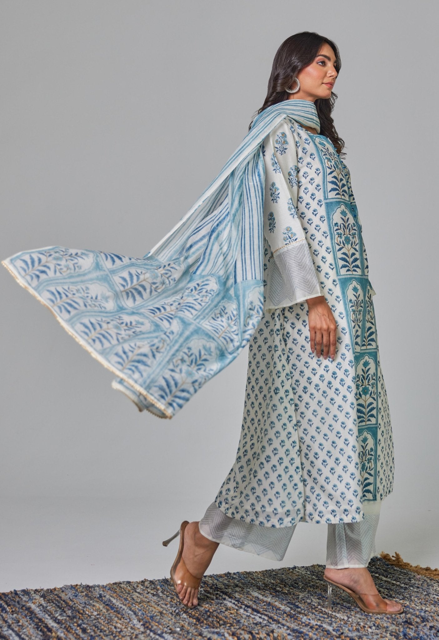 Elegant Serenity: Off - White Chanderi Kurta Set with Blue Block Print and Matching Dupatta - Tara - C - Tara