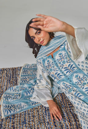 Elegant Serenity: Off - White Chanderi Kurta Set with Blue Block Print and Matching Dupatta - Tara - C - Tara