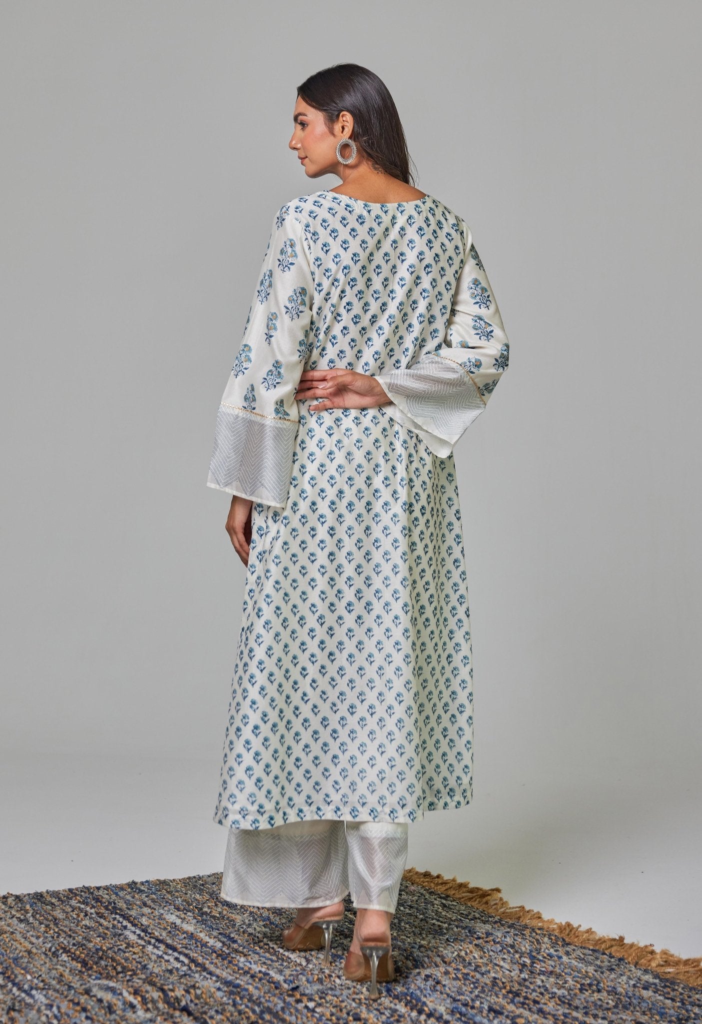 Elegant Serenity: Off - White Chanderi Kurta Set with Blue Block Print and Matching Dupatta - Tara - C - Tara