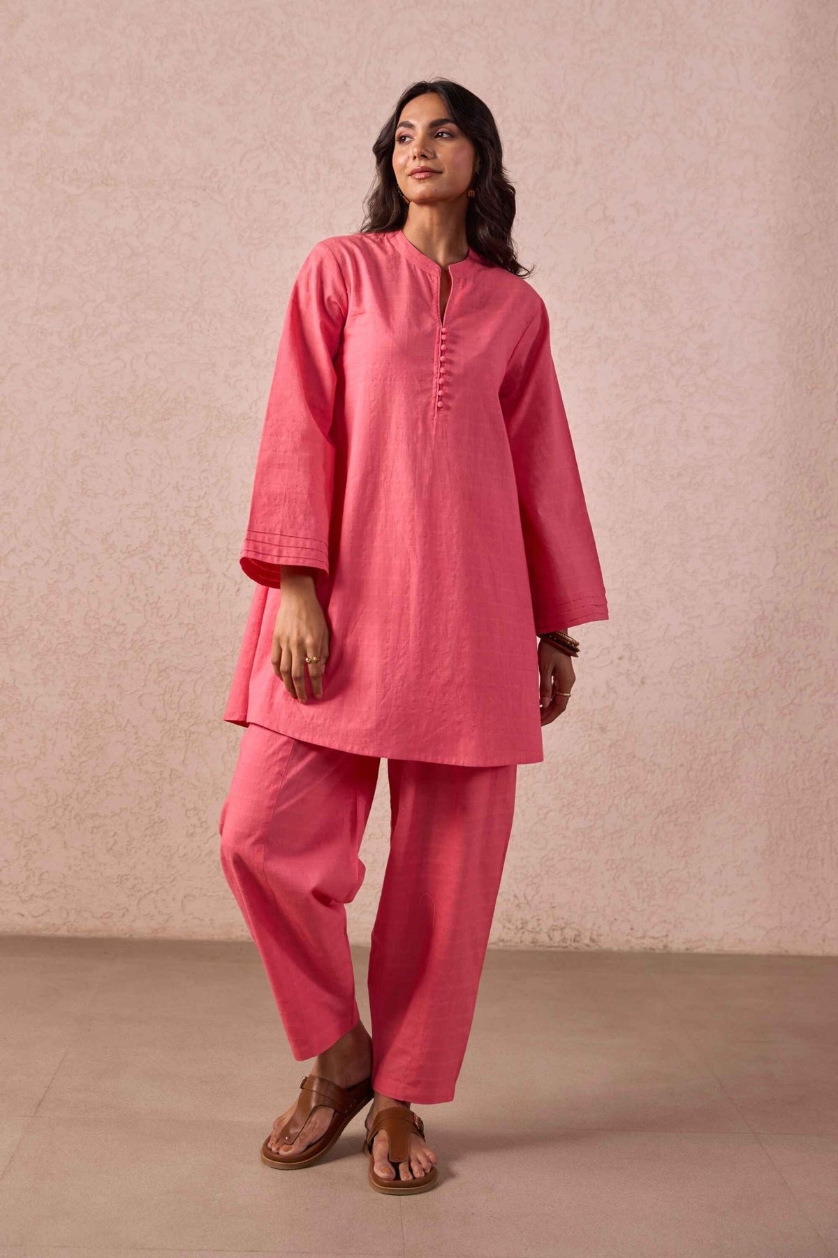 Flamingo Solid Check Cotton Coord Set - Tara - C - Tara