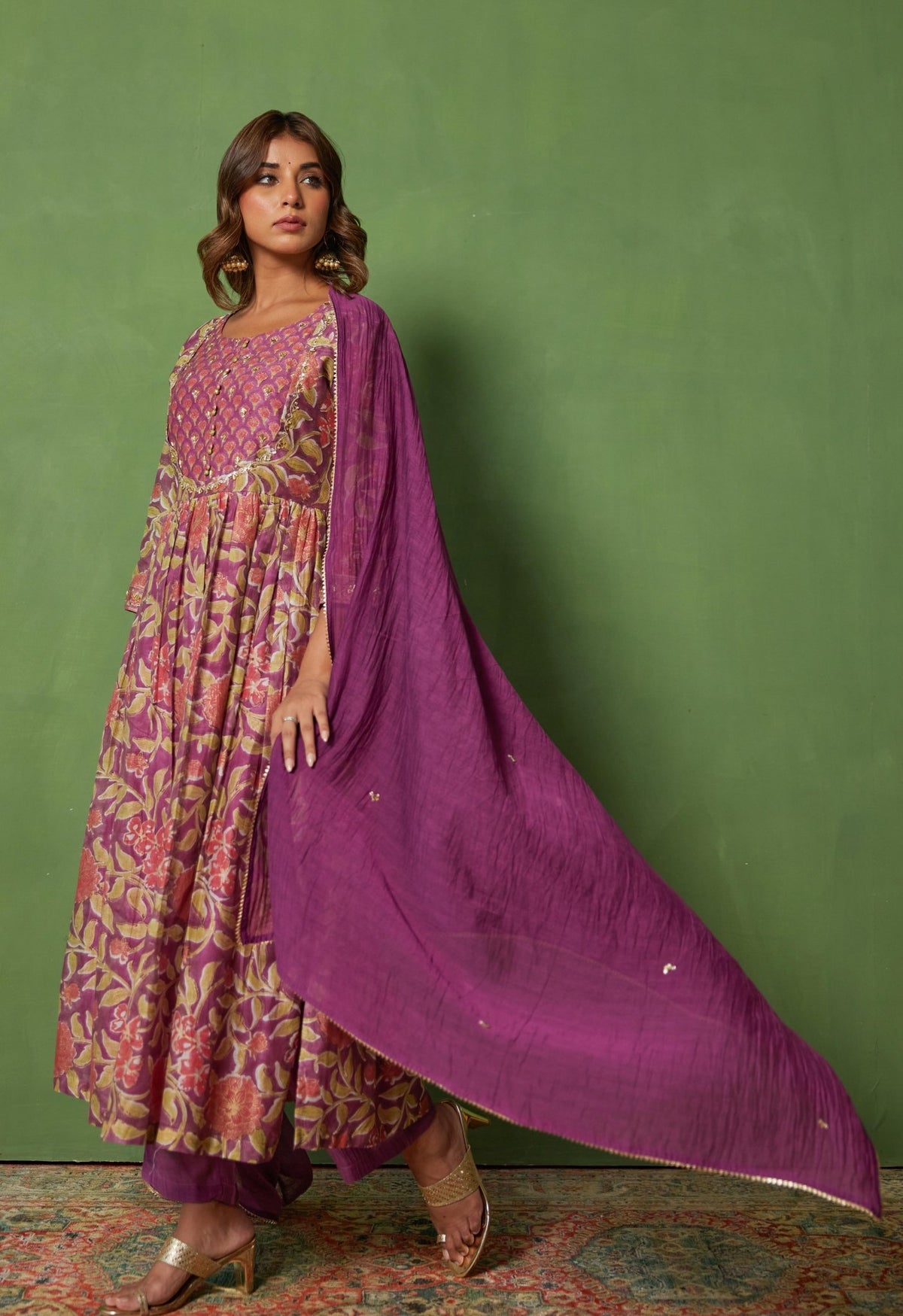 Floral Elegance: Hand Block Printed Purple kurta set - Tara - C - Tara