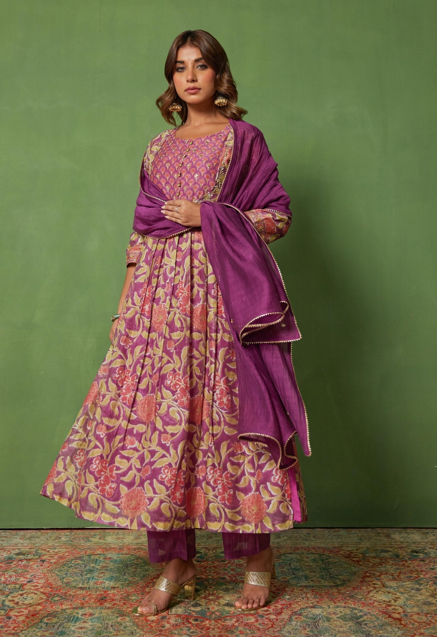 Floral Elegance: Hand Block Printed Purple kurta set - Tara - C - Tara