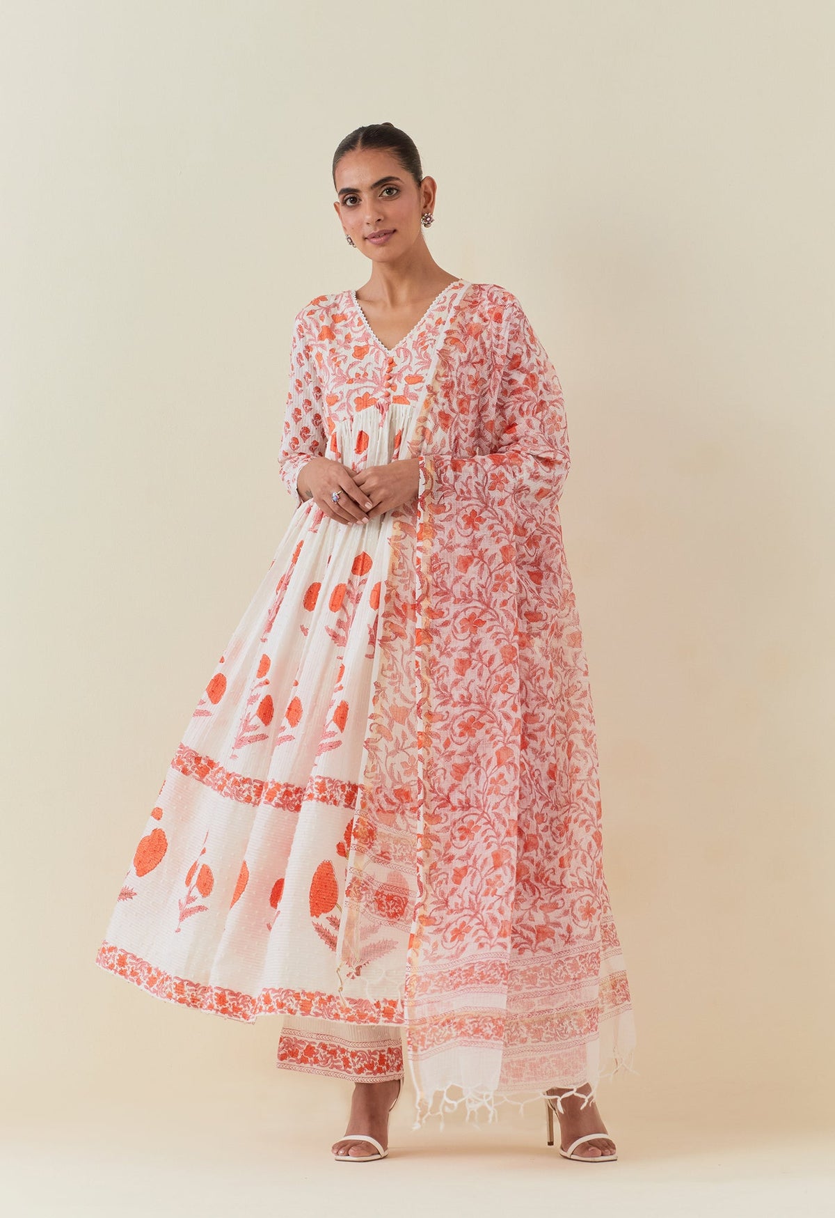 FLORAL HAND BLOCK PRINTED ANARKALI WITH DORIYA DUPATTA AND BOTTOMS - Tara - C - Tara