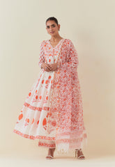 FLORAL HAND BLOCK PRINTED ANARKALI WITH DORIYA DUPATTA AND BOTTOMS - Tara - C - Tara