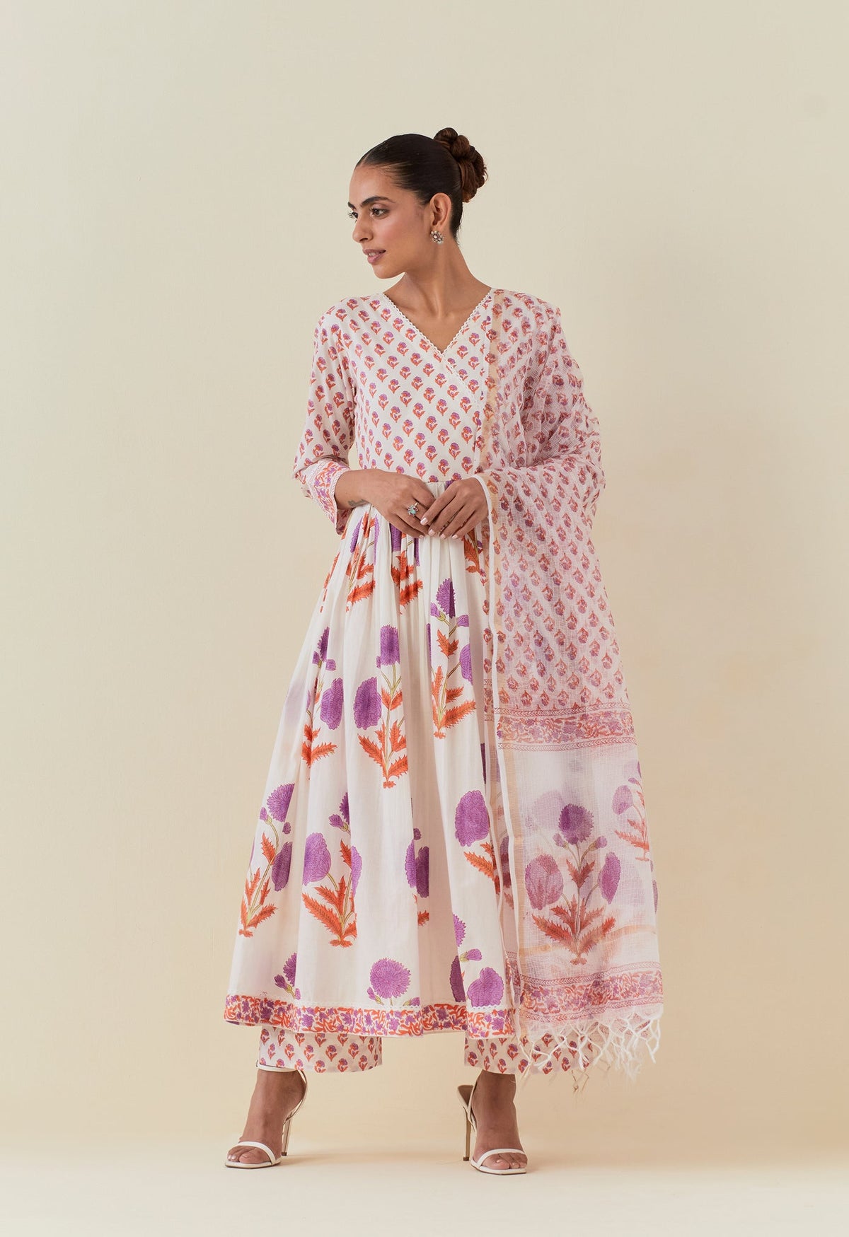 FLORAL HAND BLOCK PRINTED ANARKALI WITH DORIYA DUPATTA AND BOTTOMS - Tara - C - Tara