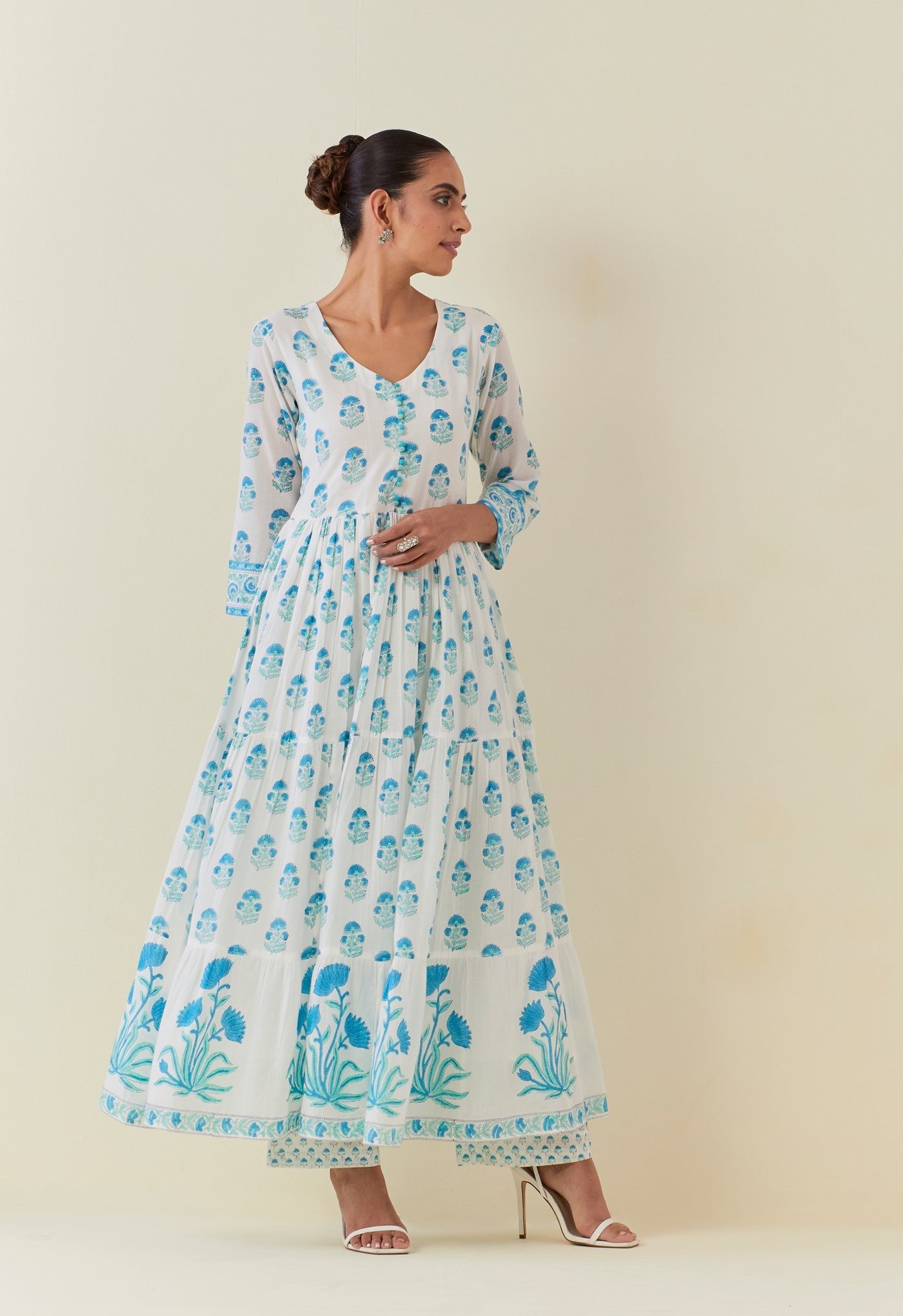 FLORAL SEA GREEN AND TURQUOISE HAND BLOCK PRINTED ANARKALI WITH DORIYA DUPATTA AND BOTTOMS - Tara - C - Tara