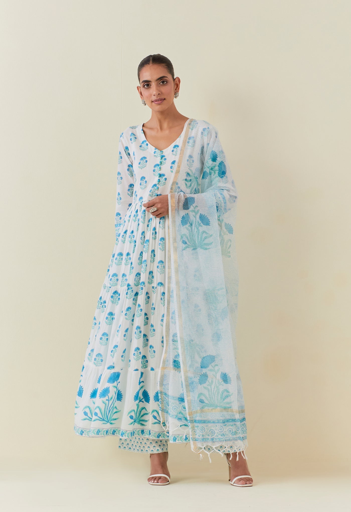 FLORAL SEA GREEN AND TURQUOISE HAND BLOCK PRINTED ANARKALI WITH DORIYA DUPATTA AND BOTTOMS - Tara - C - Tara