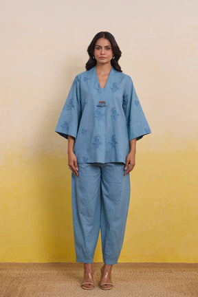 Frost Blue Embroidered Tunic Co - ord Set - Tara - C - Tara