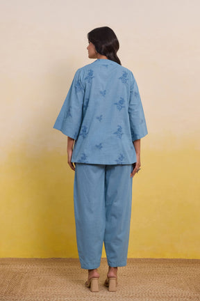 Frost Blue Embroidered Tunic Co - ord Set - Tara - C - Tara