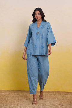 Frost Blue Embroidered Tunic Co-ord Set