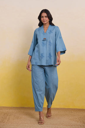 Frost Blue Embroidered Tunic Co - ord Set - Tara - C - Tara
