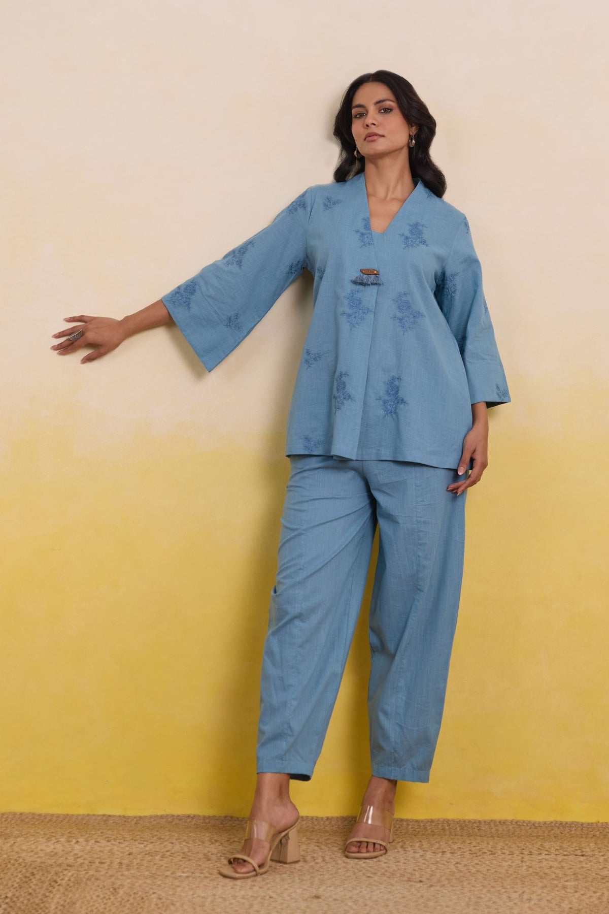 Frost Blue Embroidered Tunic Co - ord Set - Tara - C - Tara