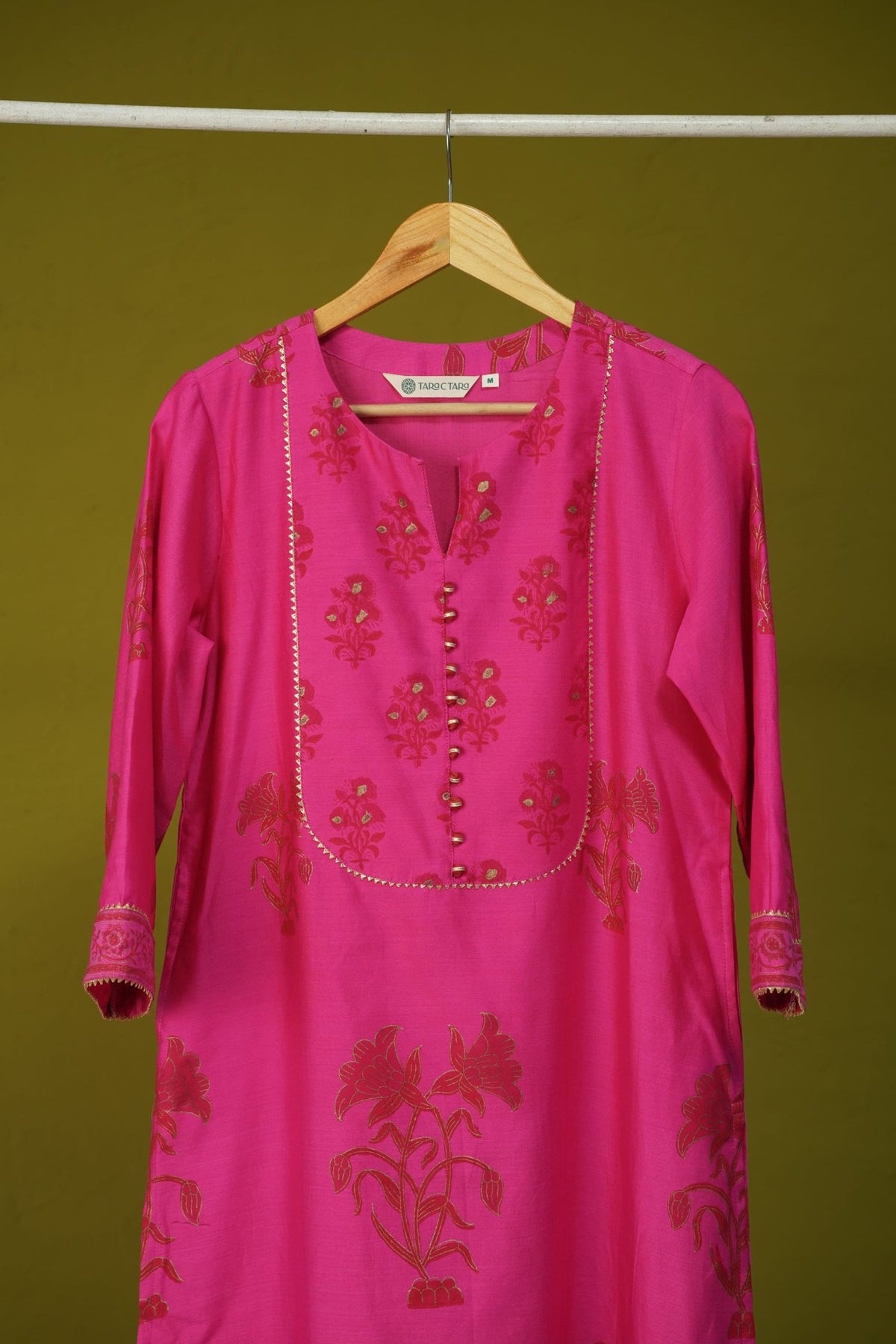 Fuchsia Pink Floral Hand Block Printed Chanderi Silk Kurta - Tara-C-Tara