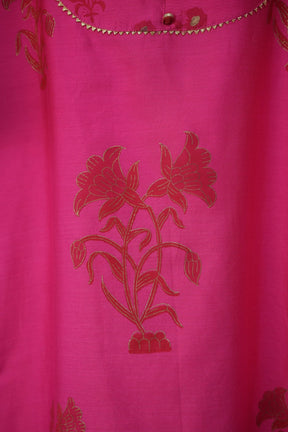 Fuchsia Pink Floral Hand Block Printed Chanderi Silk Kurta - Tara-C-Tara