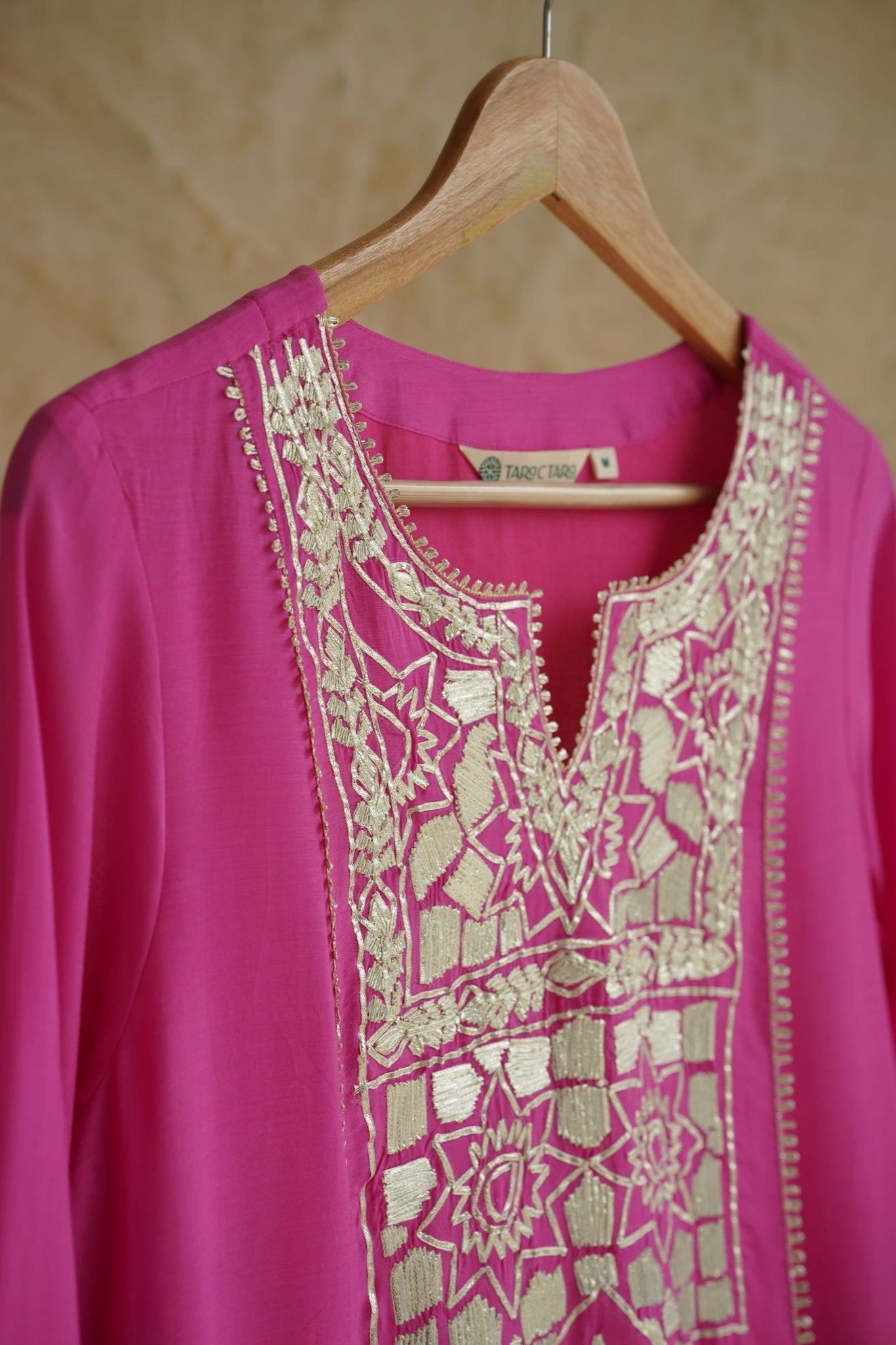 Fuchsia Pink Geometic Gota Embriodered Cotton Silk Long Kurta - Tara-C-Tara