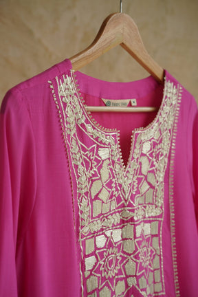 Fuchsia Pink Geometic Gota Embriodered Cotton Silk Long Kurta - Tara-C-Tara