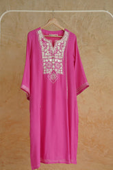 Fuchsia Pink Geometic Gota Embriodered Cotton Silk Long Kurta - Tara-C-Tara