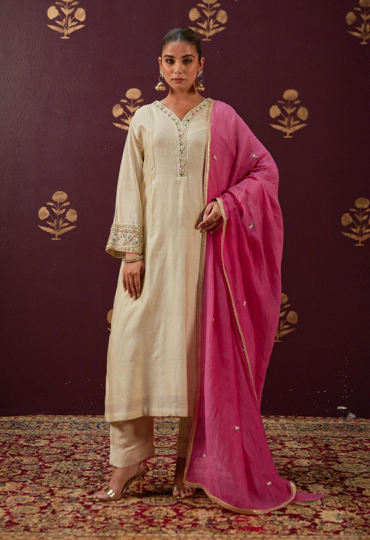 Graceful Beige: Chanderi Kurta with Embroidered Sleeves, Neckline, and Pink Chnaderi Mulmul Dupatta - Tara - C - Tara