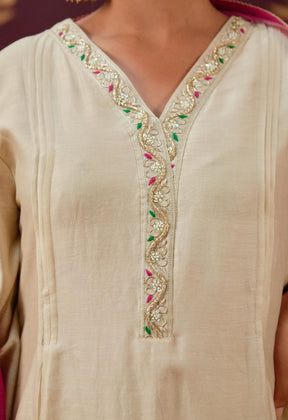 Graceful Beige: Chanderi Kurta with Embroidered Sleeves, Neckline, and Pink Chnaderi Mulmul Dupatta - Tara - C - Tara