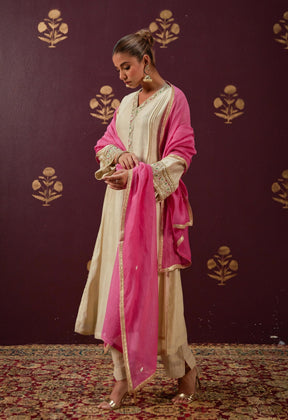 Graceful Beige: Chanderi Kurta with Embroidered Sleeves, Neckline, and Pink Chnaderi Mulmul Dupatta - Tara - C - Tara