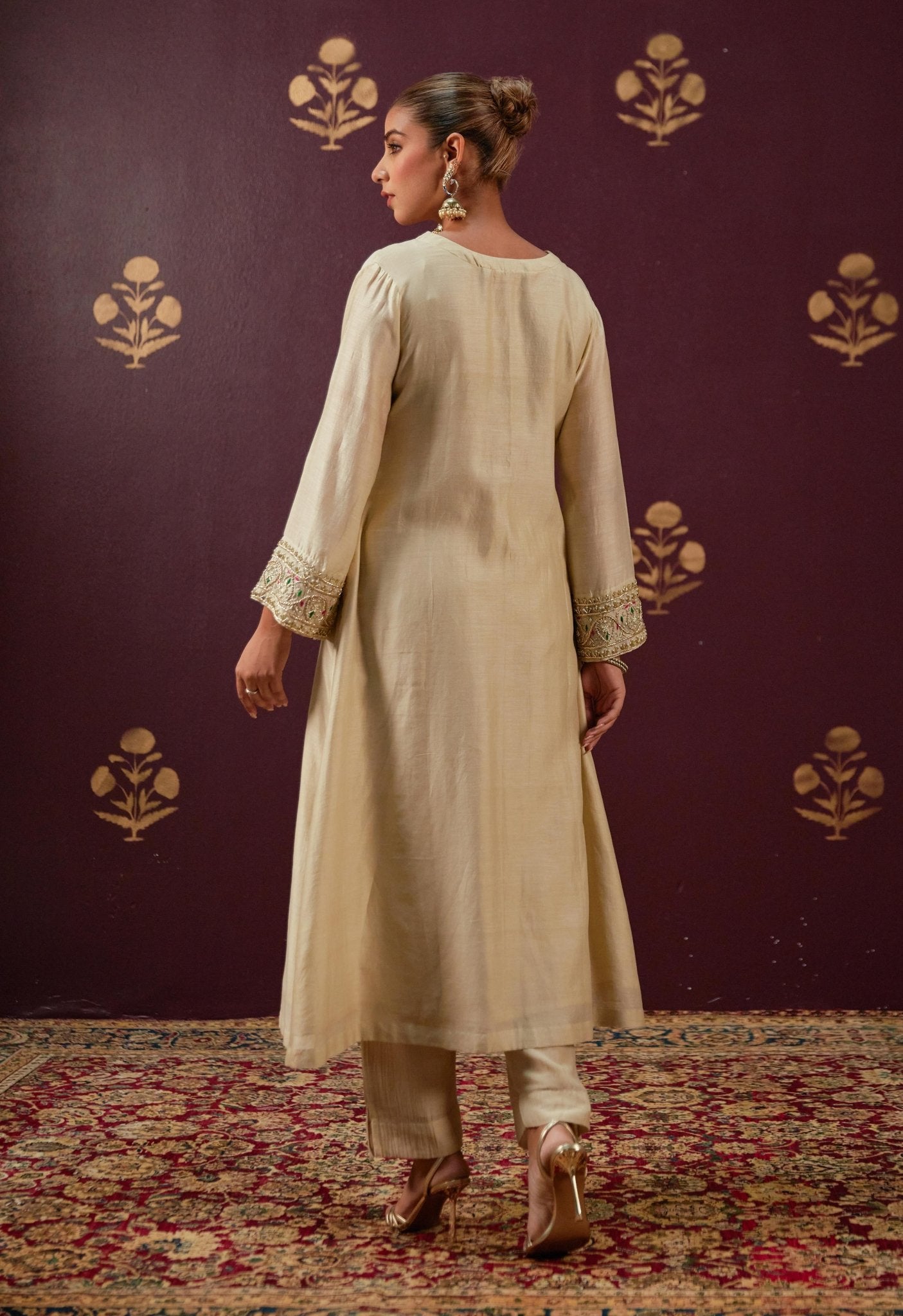 Graceful Beige: Chanderi Kurta with Embroidered Sleeves, Neckline, and Pink Chnaderi Mulmul Dupatta - Tara - C - Tara