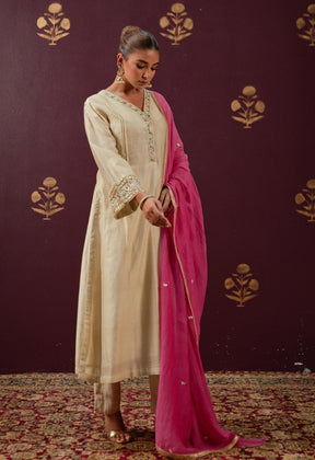 Graceful Beige: Chanderi Kurta with Embroidered Sleeves, Neckline, and Pink Chnaderi Mulmul Dupatta - Tara - C - Tara