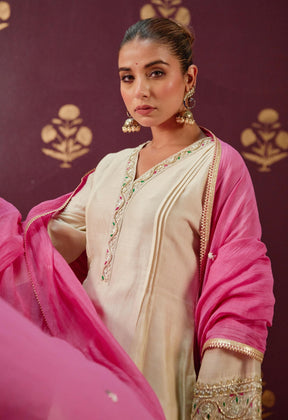 Graceful Beige: Chanderi Kurta with Embroidered Sleeves, Neckline, and Pink Chnaderi Mulmul Dupatta - Tara - C - Tara