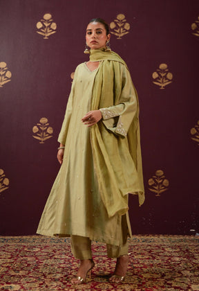 Graceful Olive: Chanderi Kurta with Detailed Embroidery and Coordinated Mulmul Dupatta - Tara - C - Tara