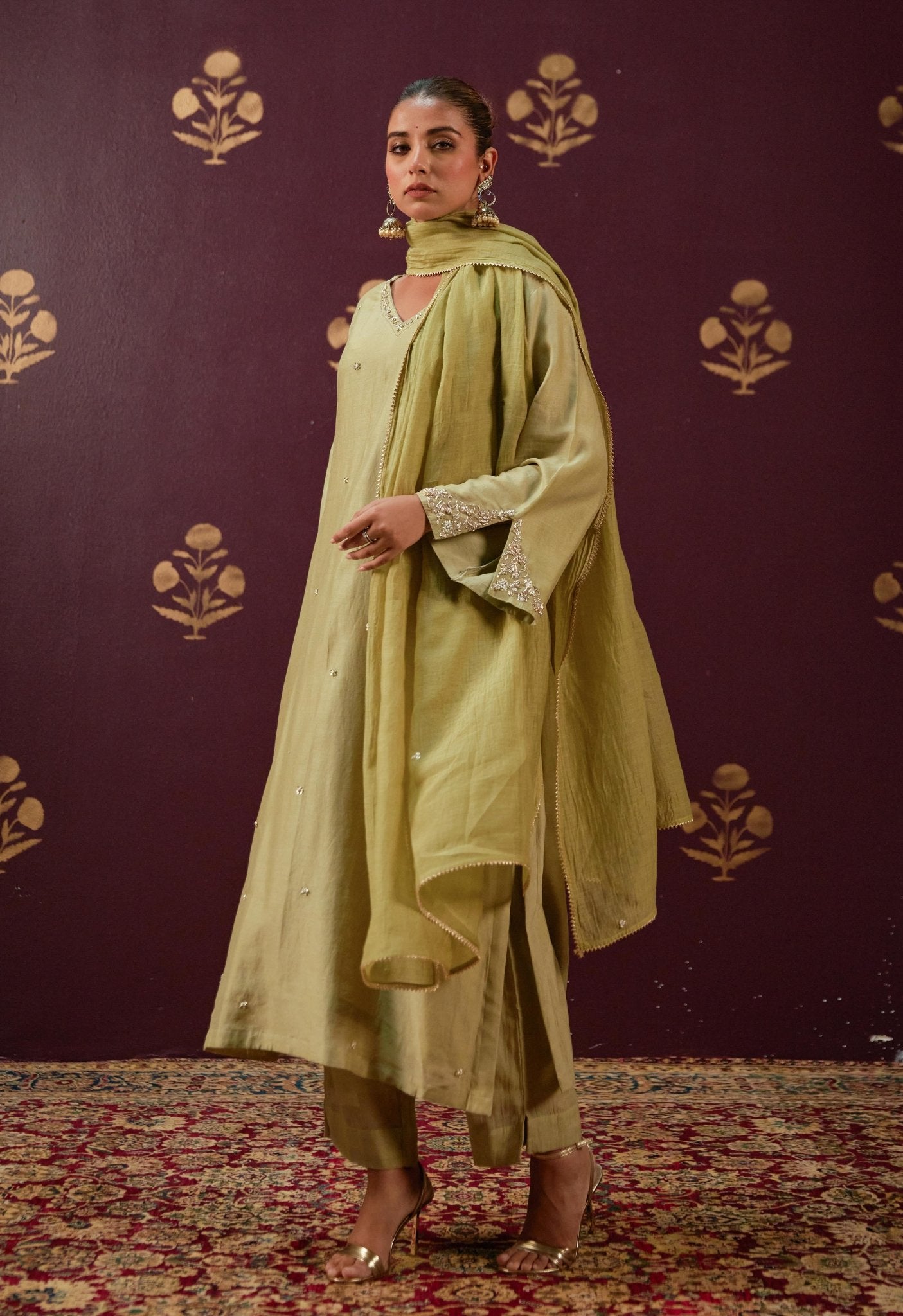 Graceful Olive: Chanderi Kurta with Detailed Embroidery and Coordinated Mulmul Dupatta - Tara - C - Tara