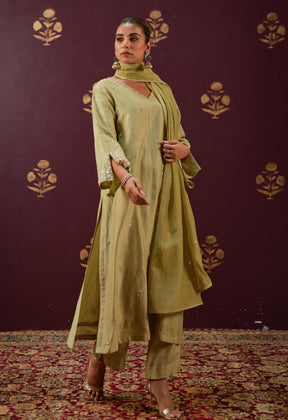 Graceful Olive: Chanderi Kurta with Detailed Embroidery and Coordinated Mulmul Dupatta - Tara - C - Tara