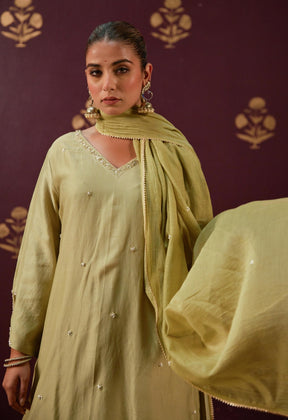 Graceful Olive: Chanderi Kurta with Detailed Embroidery and Coordinated Mulmul Dupatta - Tara - C - Tara