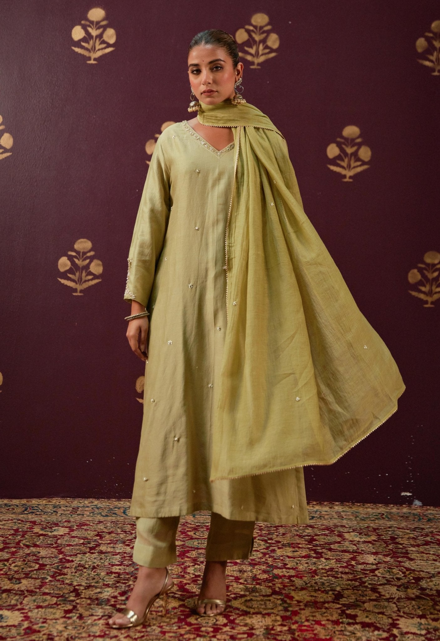 Graceful Olive: Chanderi Kurta with Detailed Embroidery and Coordinated Mulmul Dupatta - Tara - C - Tara